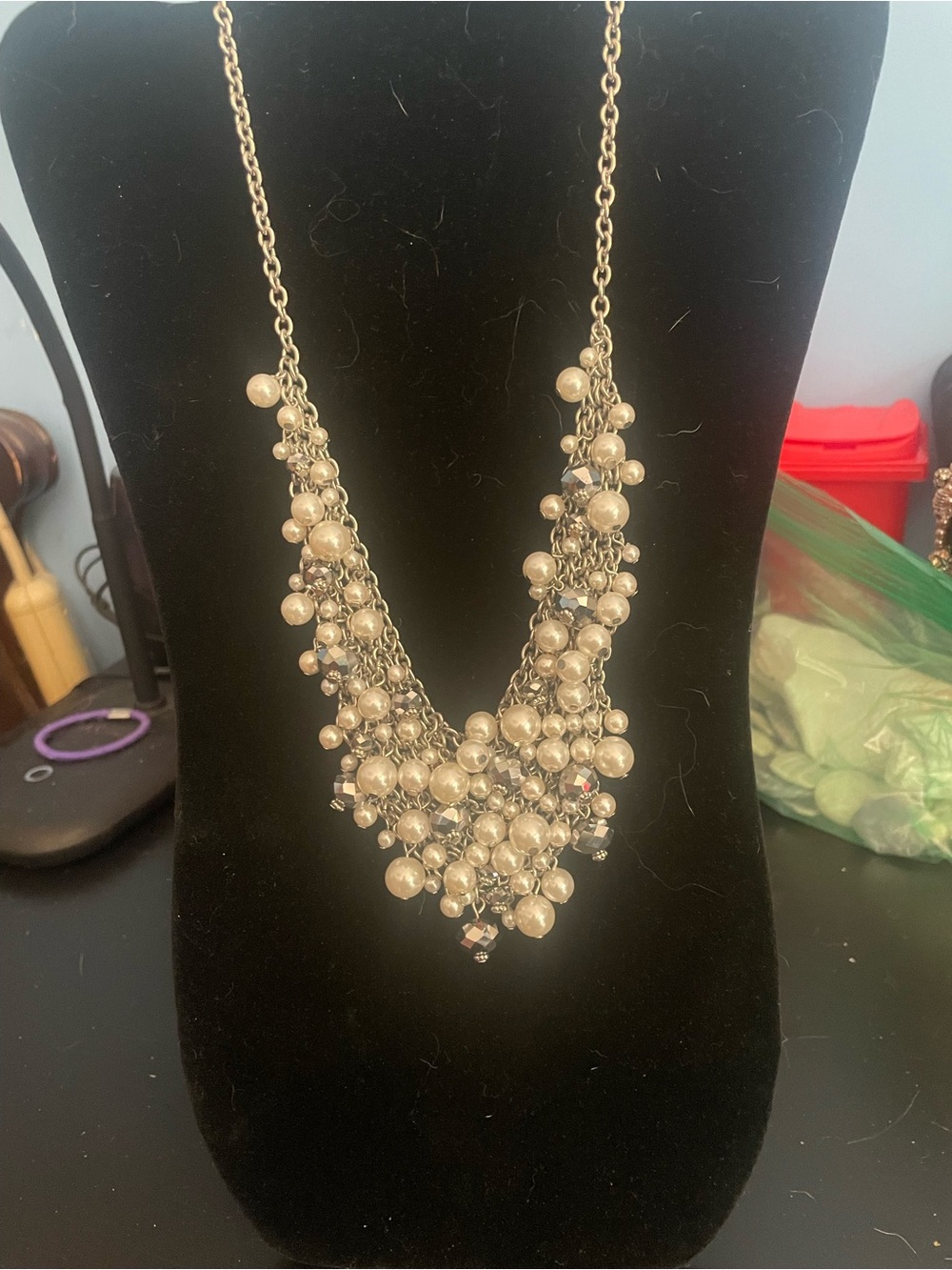 Clustered Pearl Bib Necklace in silverTone